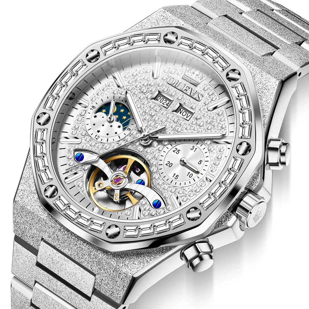 Gold Steel Mens Watches Top Brand Automatic Mechanical Luxury Watch Sport Waterproof Tourbillon Wrist Watch Reloj Hombre