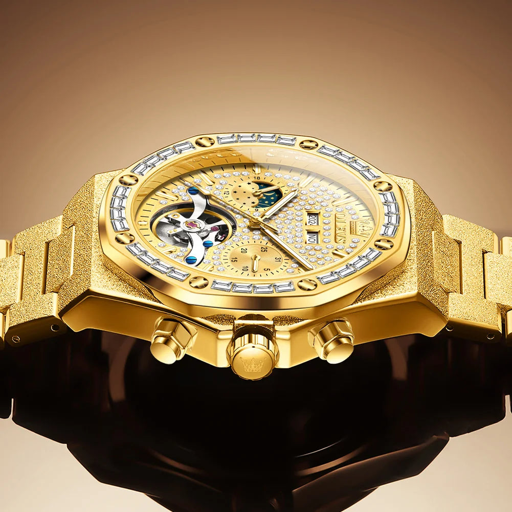 Gold Steel Mens Watches Top Brand Automatic Mechanical Luxury Watch Sport Waterproof Tourbillon Wrist Watch Reloj Hombre