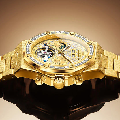 Gold Steel Mens Watches Top Brand Automatic Mechanical Luxury Watch Sport Waterproof Tourbillon Wrist Watch Reloj Hombre
